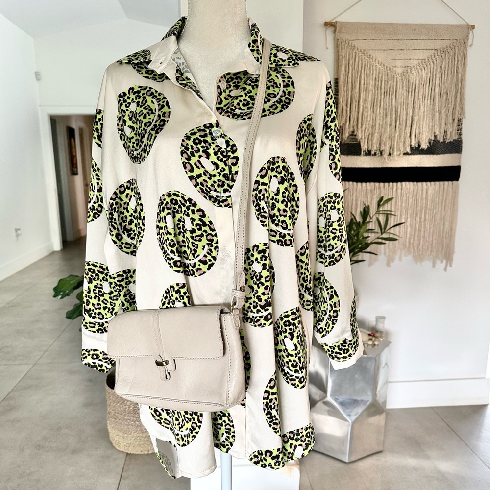 Oversized neon leopard smiling faces blouse